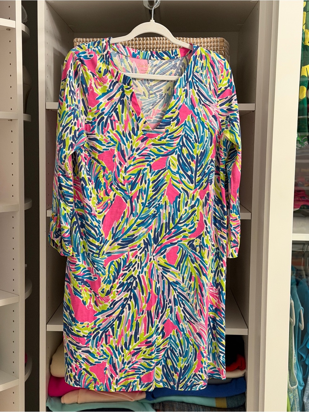 Lilly Pulitzer Pima Cotton Feather Print T-Shirt Dress 3/4 Sleeve Size L